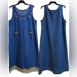 Vintage Floral Embroidered Blue Denim Midi Shift Dress XL